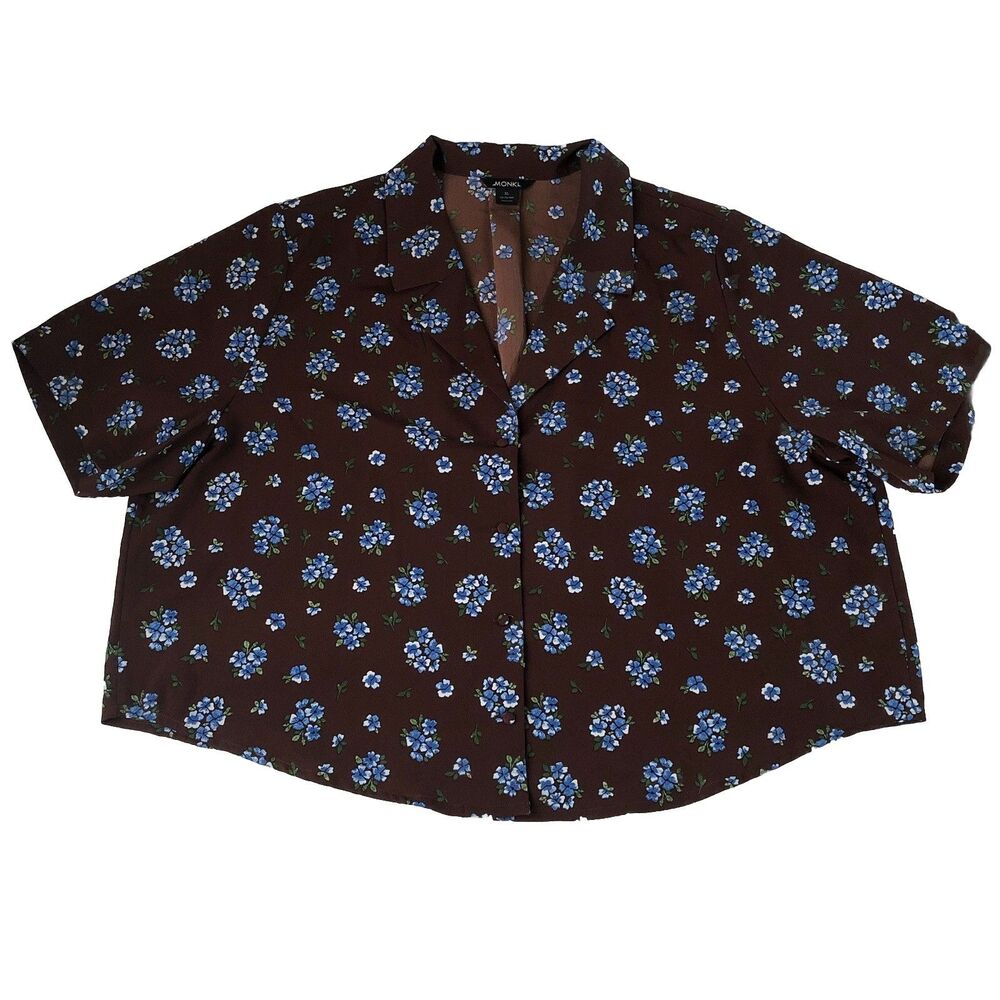 MONKI Floral Button Up Shirt Womens Brown Blue Flower Short Sleeve Blouse XL